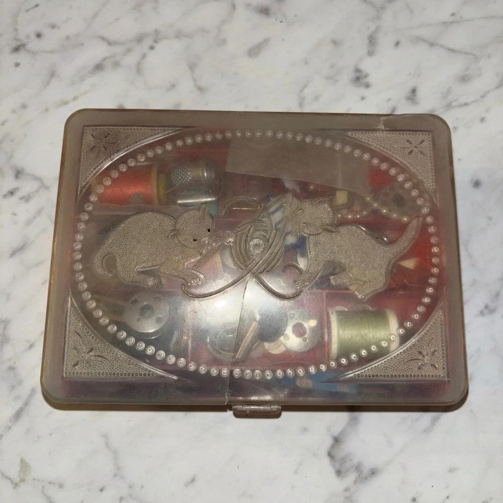 Vintage Red Marbled Sewing Box with Cats Yarn Lid and Notions Thread Needles Kit